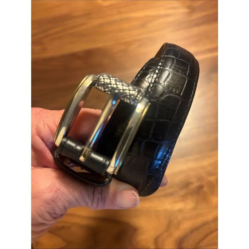 Talbots Black Croc-Embossed Leather Belt with Silver Buckle - M